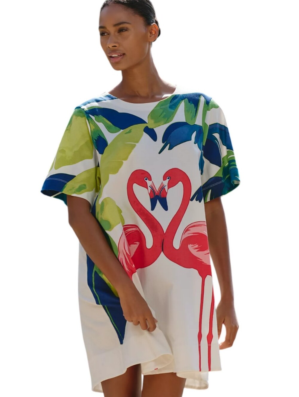 Anthropologie White Dress with Pink Flamingos & Green Leaf Print